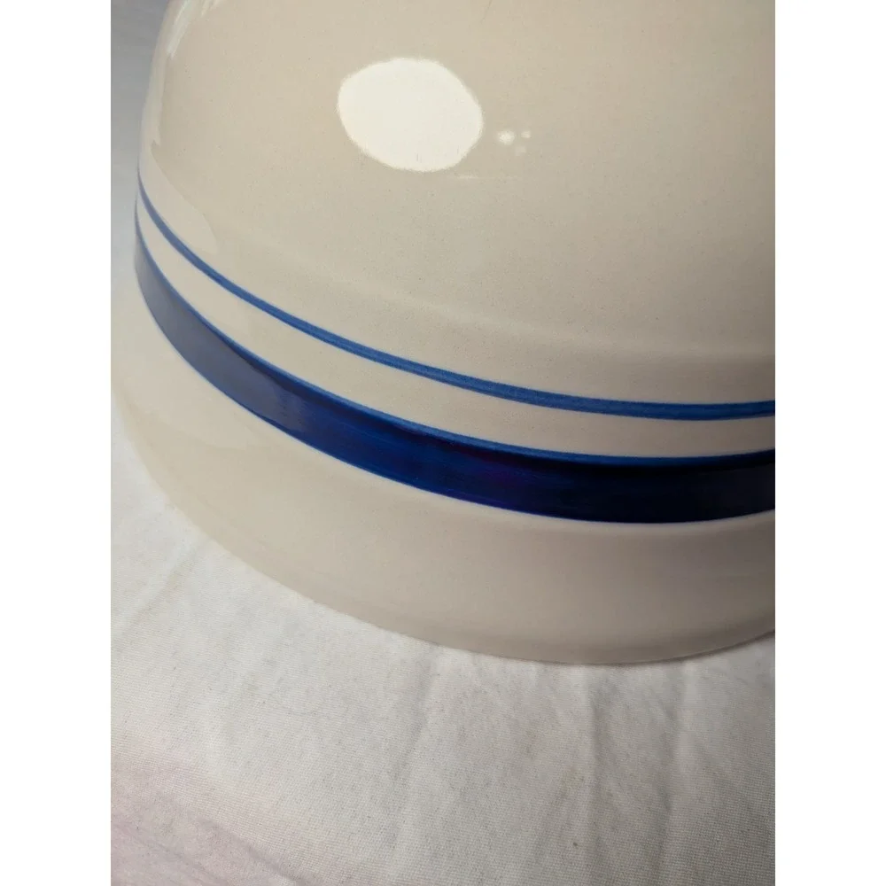 Vintage Stoneware Mixing Bowl Cream with Navy Blue Stripes Farmhouse Decor 8.5in